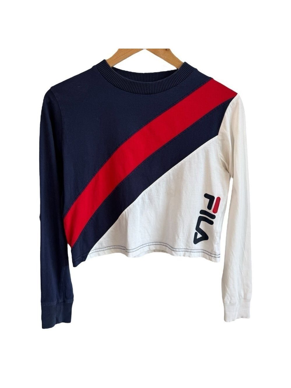 Fila Sporty Long Sleeve Cropped Top Sz XS Blue White Red Athletic Shirt Logo GUC